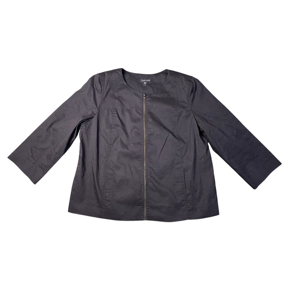 Eileen Fisher Jacket Women's L Black Ramie Pockets Open Front Silk Blend Lining - Picture 2 of 9